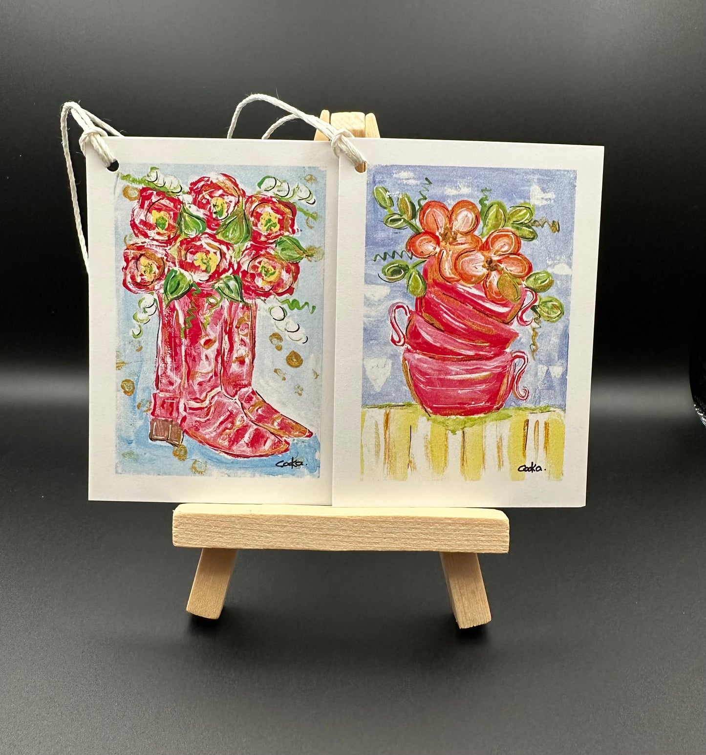 Boots and stacked mugs gift tags