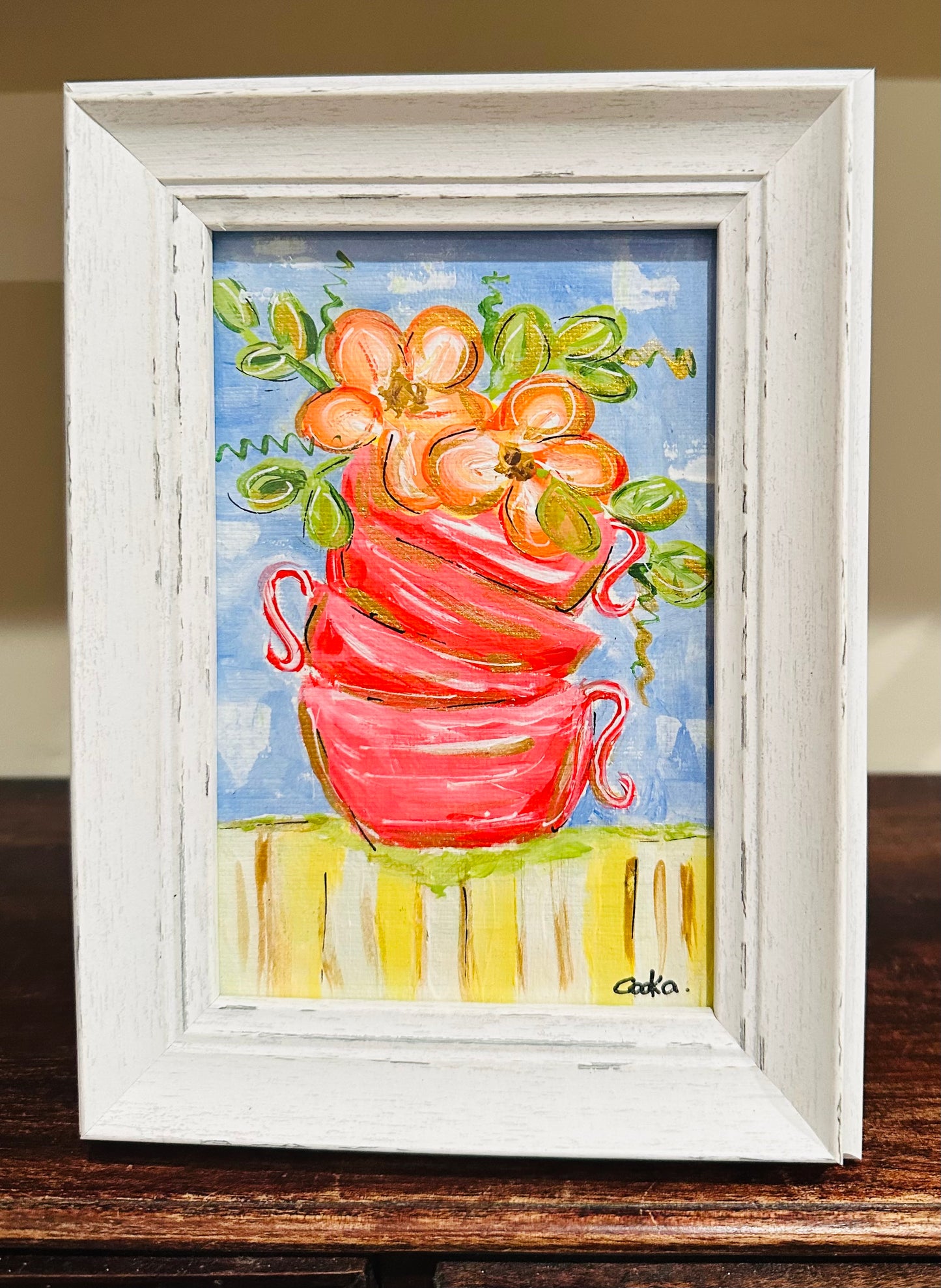Stacked mugs with flowers Original Framed Mini