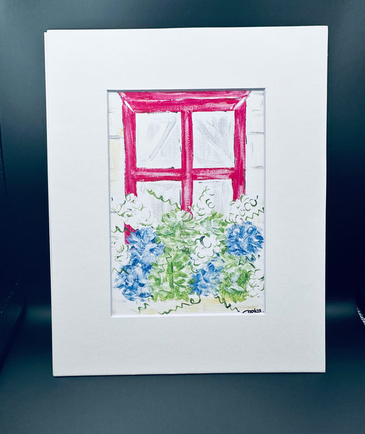 Pink windowsill with hydrangeas Print