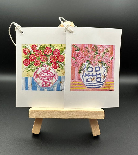Red and pink flowers in bowl Gift tags