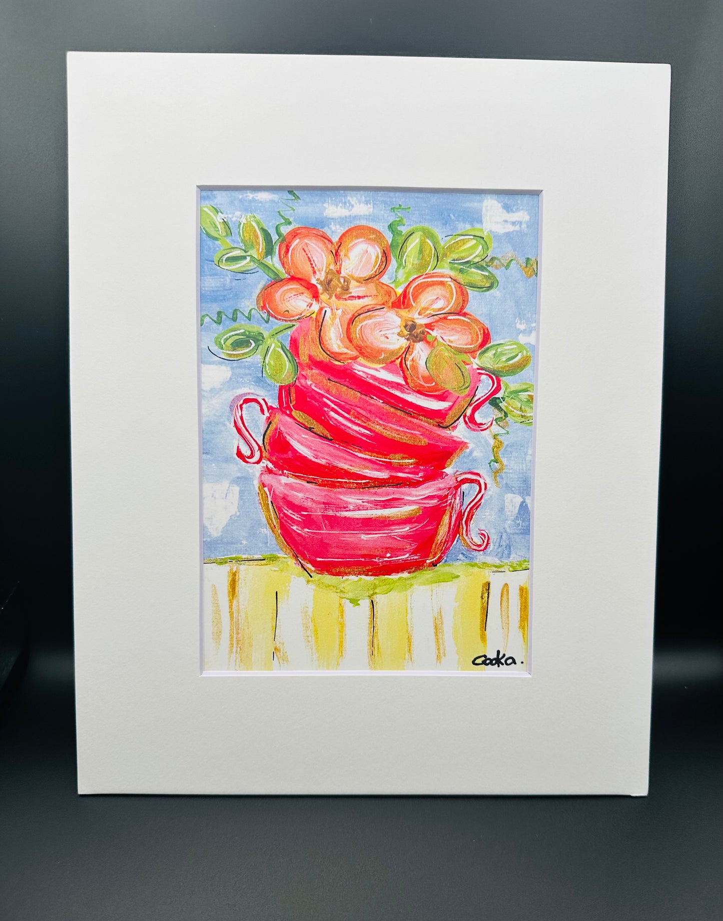 Stack of mugs with flowers Print