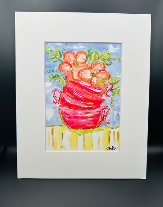 Stack of mugs with flowers Print